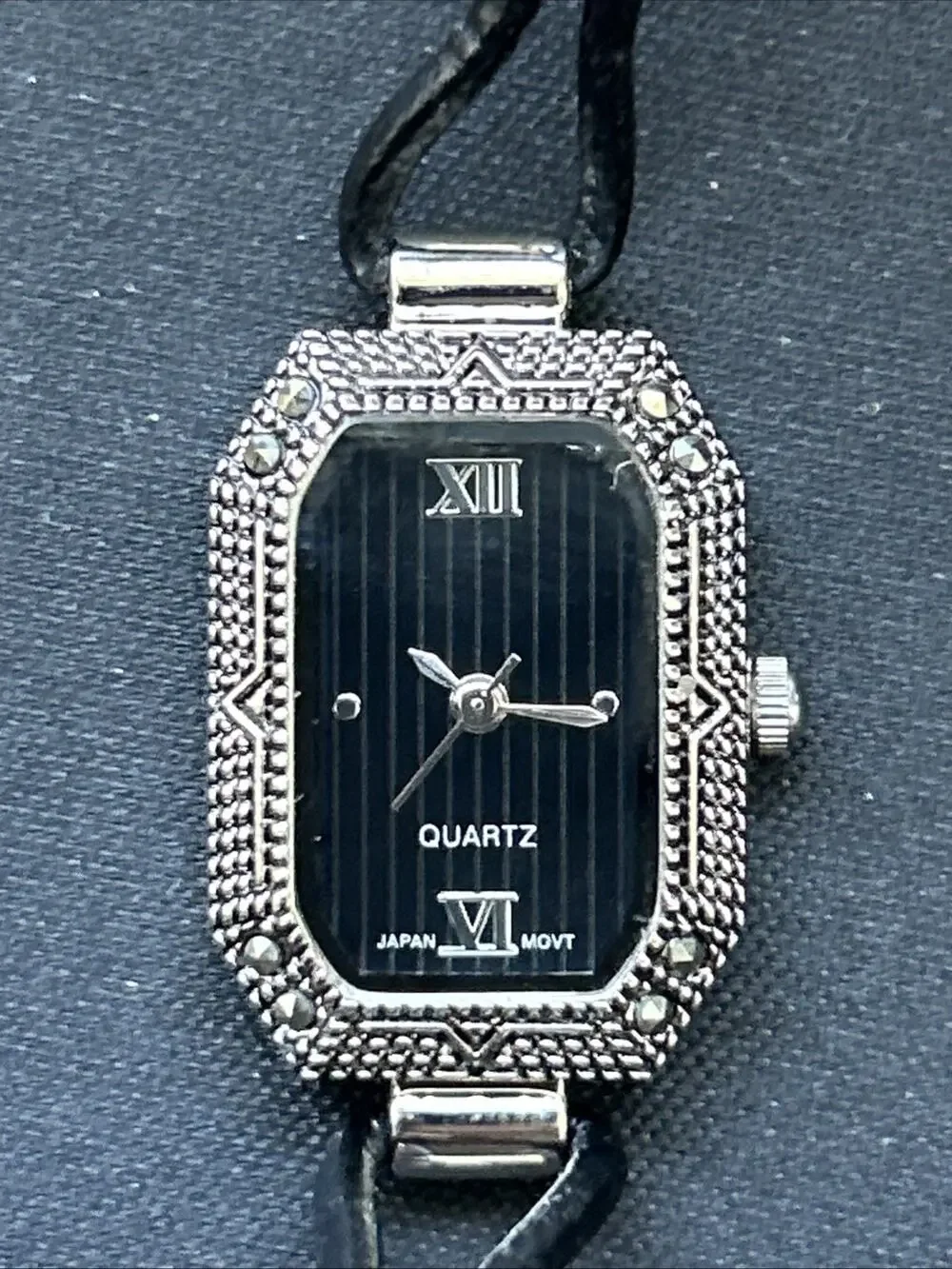 Silver Tone Black Band Marcasite Womens Quartz Watch